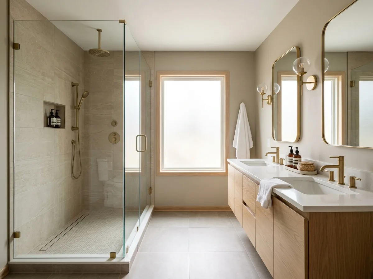 Bathroom remodel with walk-in tiled shower and floating vanity