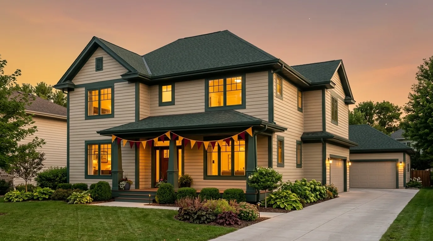 Beautiful Minnesota home at dusk with warm glowing new windows, ready for the State Fair Sale